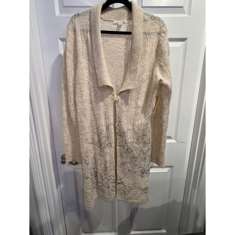 Coldwater Creek Alpine Printed Cardigan Cream Tree Landscape Shawl Large NWT‎